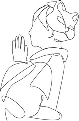 Japanese girl praying with a cat mask on her head