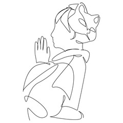 Japanese girl praying with a cat mask on her head