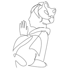 Japanese girl praying with a cat mask on her head