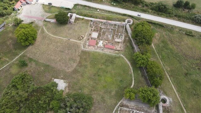 Aerial view of ruins of ancient Roman city Nicopolis ad Nestum near town of Garmen, Blagoevgrad Region, Bulgaria