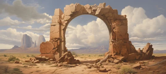 Fotobehang Ancient sandstone portal rift ruins gateway located in a remote part of a vast dry desert landscape - mysterious origins - lost annunaki alien technology - science fiction inspired painting.  © SoulMyst