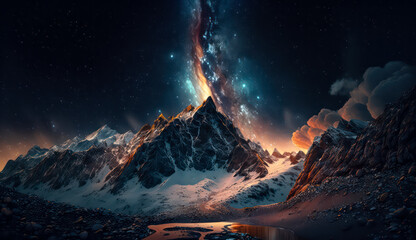 Beautiful Starry Night, Colorful Sky and Majestic Mountains under the Milky Way Galaxy, natural...