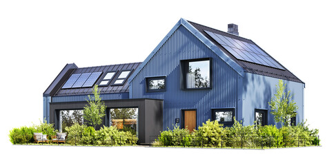 Modern house with solar panels on a transparent background - obrazy, fototapety, plakaty