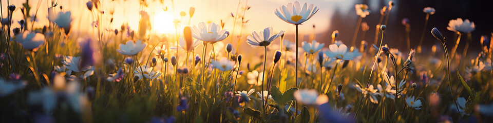 meadow with flowers at sunset