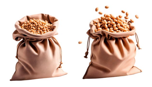 Conjunto de sacos de soja - sementes e grãos. Grupo de sacos com grãos de soja dentro, isolado em fundo transparente.