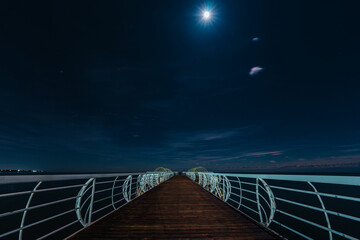 Pier on lake at night in the moonlight