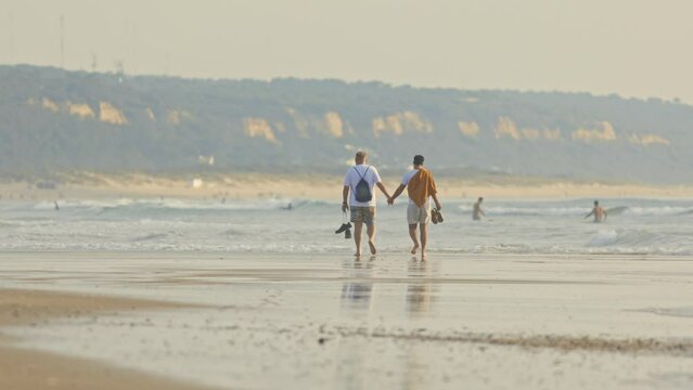 Two Men Walking Hand in Hand on a Serene Beach