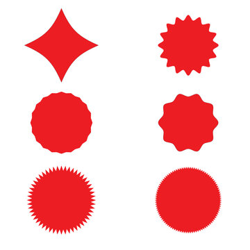 Set of vector starburst, sunburst badges. Red icons on white background. Simple flat style vintage labels, stickers.