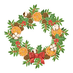 Round Christmas wreath isolated on white background. Vector illustration.