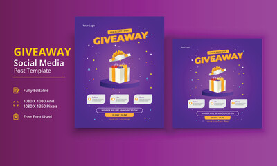 Giveaway Social Media Template, Giveaway Poster, Raffle social media Design, Giveaway Template Design, Giveaway Invitation, Banner