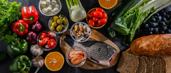 Food products representing the Mediterranean diet