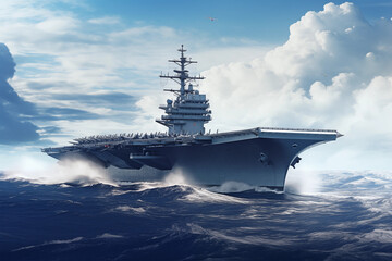 the ship, big navy aircraft carrier, sea, planes on the flight deck, ship is sailing fast, big waves
