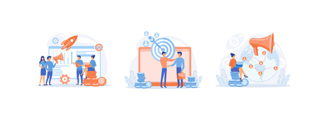 Digital marketing and promotion, Characters analyzing graph, charts and planning marketing strategy to achieve business goals, Characters analyzing graph. Digital marketing set flat vector modern illu