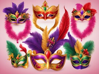 Mardi Gras Festive Carnival Celebration with Colorful Masks, Beads