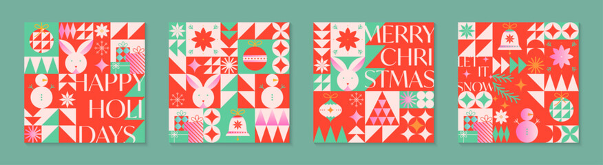 Christmas and Happy New Year greeting card templates.Festive vector backgrounds in flat modern style with traditional winter holiday symbols.Xmas pattern designs for branding,invitations,prints,smm