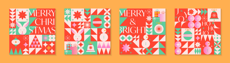 Christmas and Happy New Year greeting card templates.Festive vector backgrounds in flat modern style with traditional winter holiday symbols.Xmas pattern designs for branding,invitations,prints,smm
