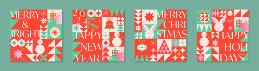 Christmas and Happy New Year greeting card templates.Festive vector backgrounds in flat modern style with traditional winter holiday symbols.Xmas pattern designs for branding,invitations,prints,smm
