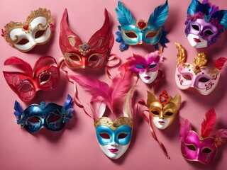 Mardi Gras Festive Carnival Celebration with Colorful Masks, Beads