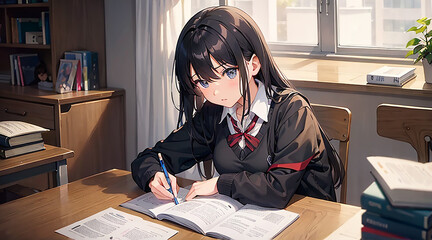 受験勉強中の女学生イラスト、横アングル｜Generative AI