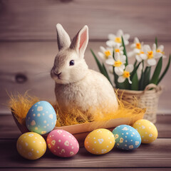 Easter greeting card with cute fluffy Easter bunny near colorful Easter eggs. space for text