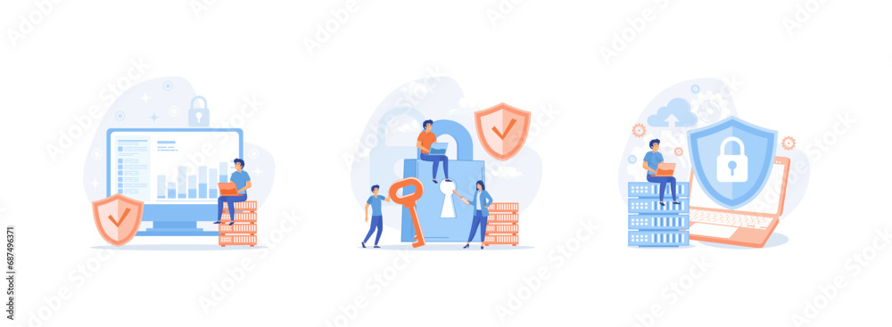 Poster database security, phishing, hacker attack concept. database set flat vector modern illustration
