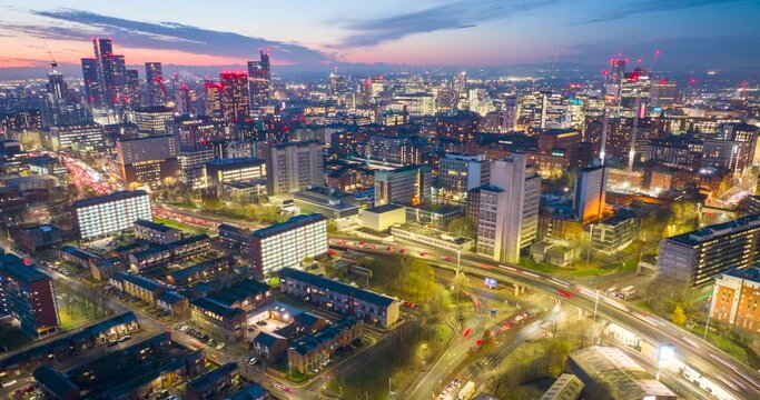 Aerial Timelapse of Manchester skyline at dusk