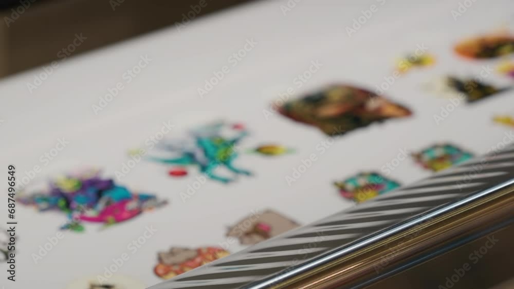 Poster large inkjet printer working, industrial printer, plotter head slides over the surface of the paper 