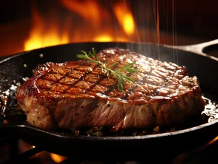  Juicy, herb-crusted rump steak cooking on a hot grill, exuding rich aromas. © Jan