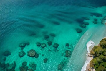 Top view aerial photo from flying drone of an amazingly beautiful sea landscape with turquoise water