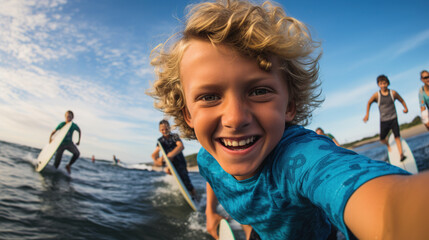 Fototapeta na wymiar laughing happy teenager boy in a swimsuit on a surfboard taking a selfie with friends in the middle of the sea on a sunny summer day, High quality photo