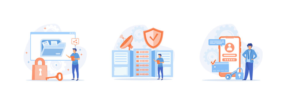 Management information system, document management soft, big data job, sharing online. Data Management set flat vector modern illustration 