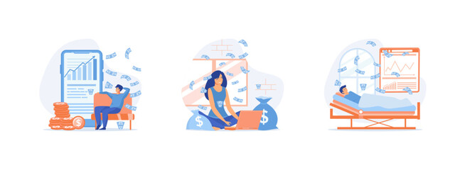 Passive income concept. Young woman working in front of laptop with money around her,  steady income and finance. Passive income set flat vector modern illustration   