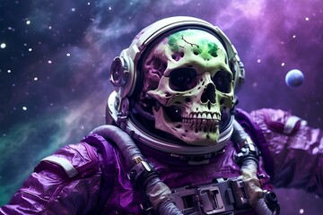 A dead Astronaut floating in space, skeletal remains of an astronaut in space, 