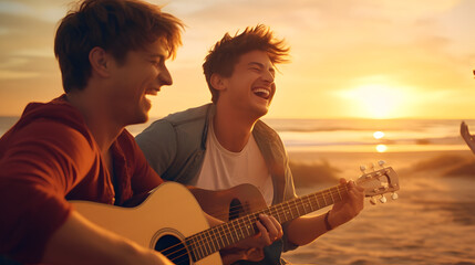 Happy friends sitting on the beach singing and playing guitar during the sunset. generative ai.