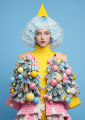 Fototapeta na wymiar A stunning woman donning with a light blue wig , her clothing adorned with whimsical toys and Christmas tree. Minimal Xmas abstract concept. Soft pastel colors. Holiday spirit 