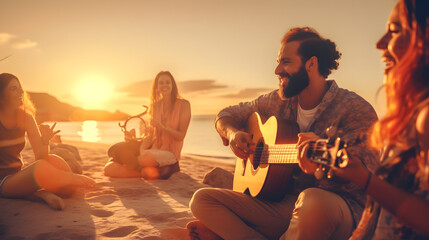 Happy friends sitting on the beach singing and playing guitar during the sunset. generative ai. - obrazy, fototapety, plakaty
