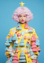 Fototapeta premium A stunning woman donning with a pink wig , her clothing adorned with whimsical toys and Christmas tree. Minimal Xmas abstract concept. Holiday spirit 