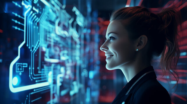 Portrait Of Young European Fashionable Female Model, Shot From The Side, Smiling, Looking To The Side, Vibrant Futuristic Technology Circuit Board Background