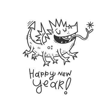 New Year card with cute cartoon dragon. Chinese calendar symbol. Vector holiday poster. Funny animal. Contour  doodle image no fill.