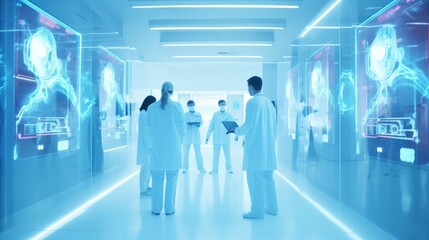 healthy and medical scientist professional staff working together research new technology tool in modern hitech technology operation labratory lab clean clear interior space - obrazy, fototapety, plakaty