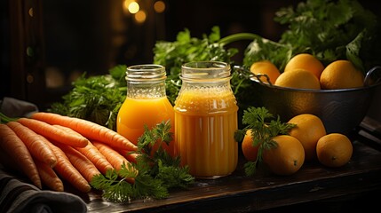 Fresh carrot juice in bottles on a wooden table - obrazy, fototapety, plakaty