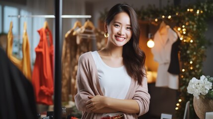 Fototapeta na wymiar happiness smart confident asia female woman boutiqe store shop owner portrait shot smiling cheerful stading in her cloth store shop business owner concept