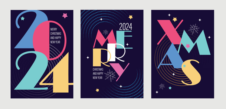 Merry Christmas Set of 3 greeting cards, posters, holiday covers. Gatsby style letter compositions on blue background.