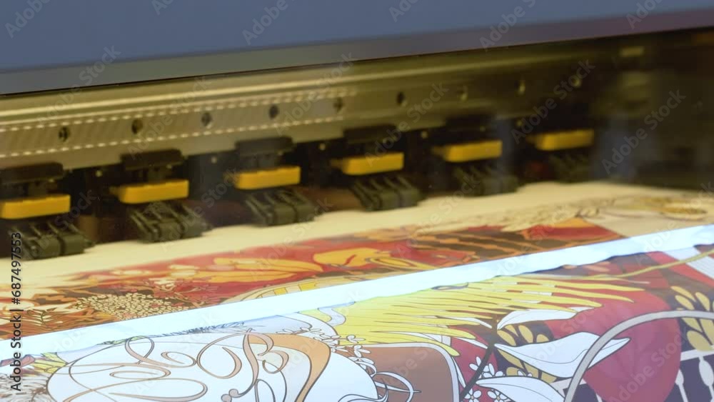 Poster large inkjet printer working, industrial printer, plotter head slides over the surface of the paper 