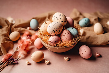 Obraz premium Hand painted pastel colored Easter eggs background. Happy Easter greeting card or invitation