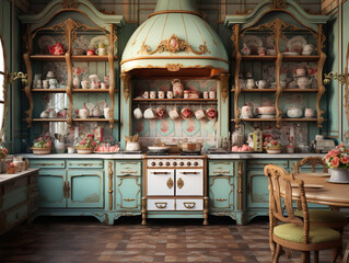Victorian style. Stylish kitchen. luxury royal dining Room background. Baroque rococo vintage retro style blue interior. Ancient cupboard with shelves. pink flowers in vase. tiled floor. Generative ai - obrazy, fototapety, plakaty