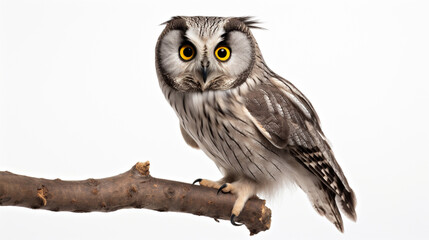 Cute boreal owl is sitting on the tree branch looking at the camera. generative ai