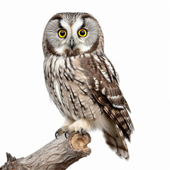 Naklejka premium Boreal owl looking to the camera on branch on white background. generative ai