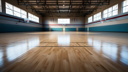 Empty basketball court floor against the backdrop