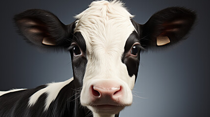 Black and white cow isolated. , black and white gentle surprised look, pink nose. generative ai
